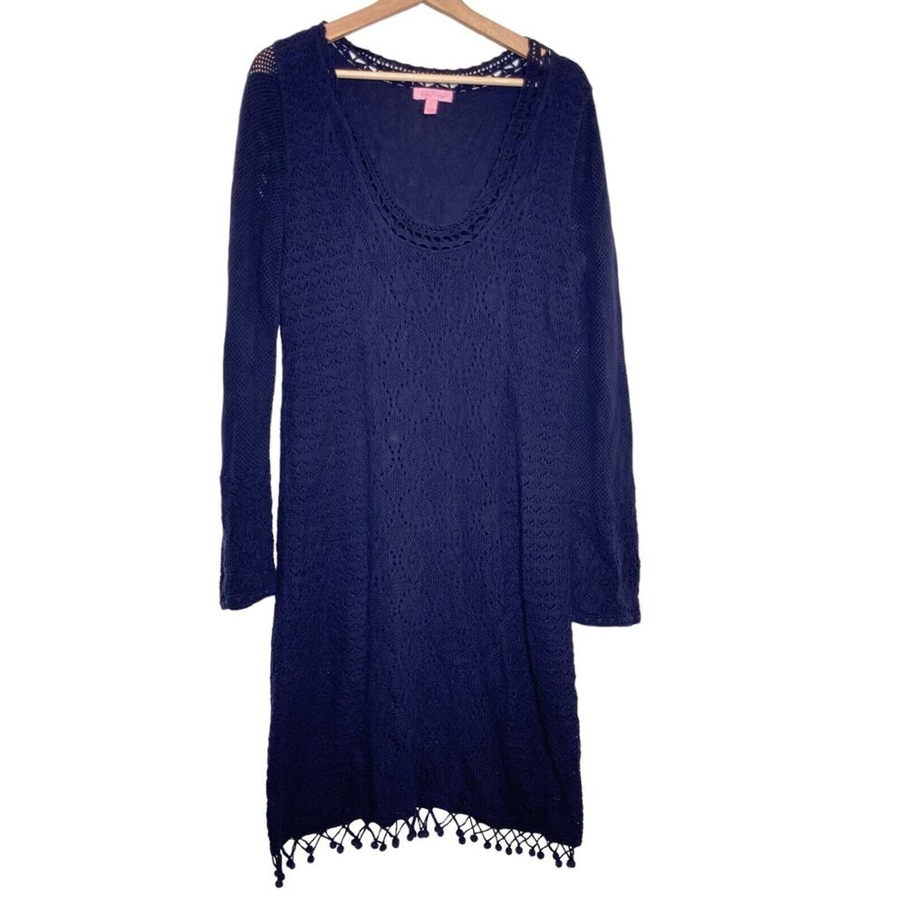 Lilly Pulitzer Womens Large Athena Ariel Blue Crochet Knit Pom Pom Sweater Dress